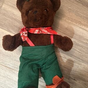 LL Bean Brown Teddy Bear with Green Pants and Red Bandana